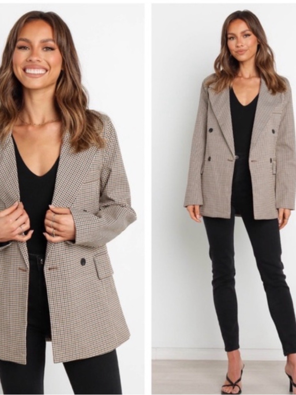 Petal & Pup Taupe Houndstooth Double-Breasted Blazer Jacket